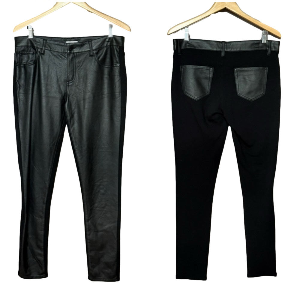 Bisou Bisou Women's Mid Rise Black Vegan Leather and Ponte Knit Skinny Pants 10
